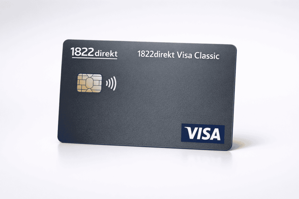 1822direkt Visa Classic Kreditkarte in dunkelgrauem Design mit Chip und kontaktlosem NFC-Symbol, 1822direkt-Logo oben links und Visa-Logo unten rechts.