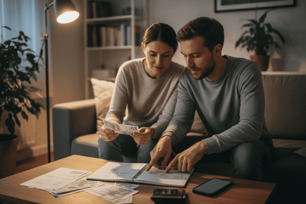 Kreditkartenfallen: Ein deutsches Paar sitzt abends gemeinsam auf dem Sofa und prüft Rechnungen und Notizen auf dem Couchtisch, mit Taschenrechner und Smartphone im warmen Licht einer Stehlampe; im unscharfen Hintergrund sind ein Bücherregal und eine Zimmerpflanze zu sehen.